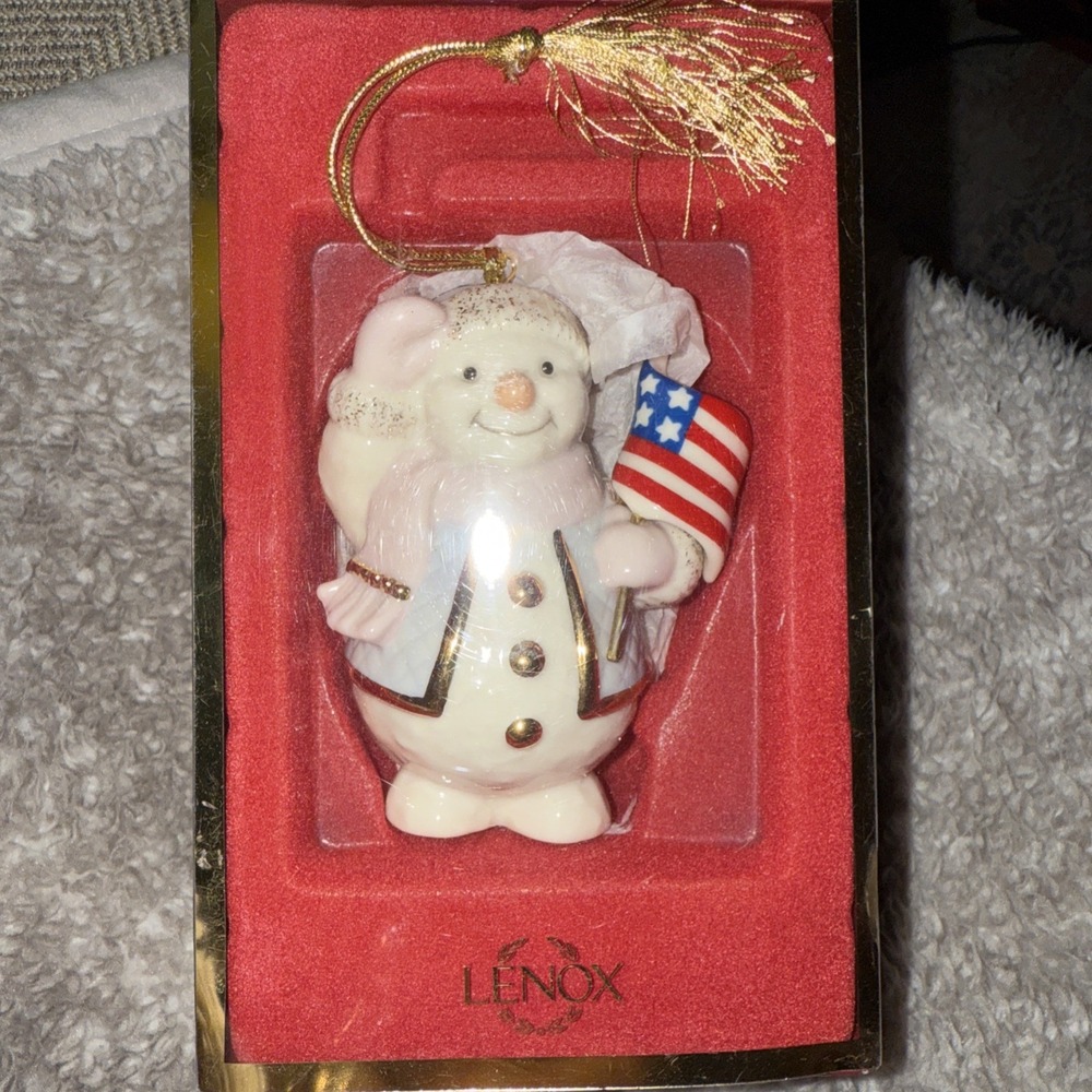 Lenox Patriotic Snowman Saluting w/ Flag Christmas Ornament